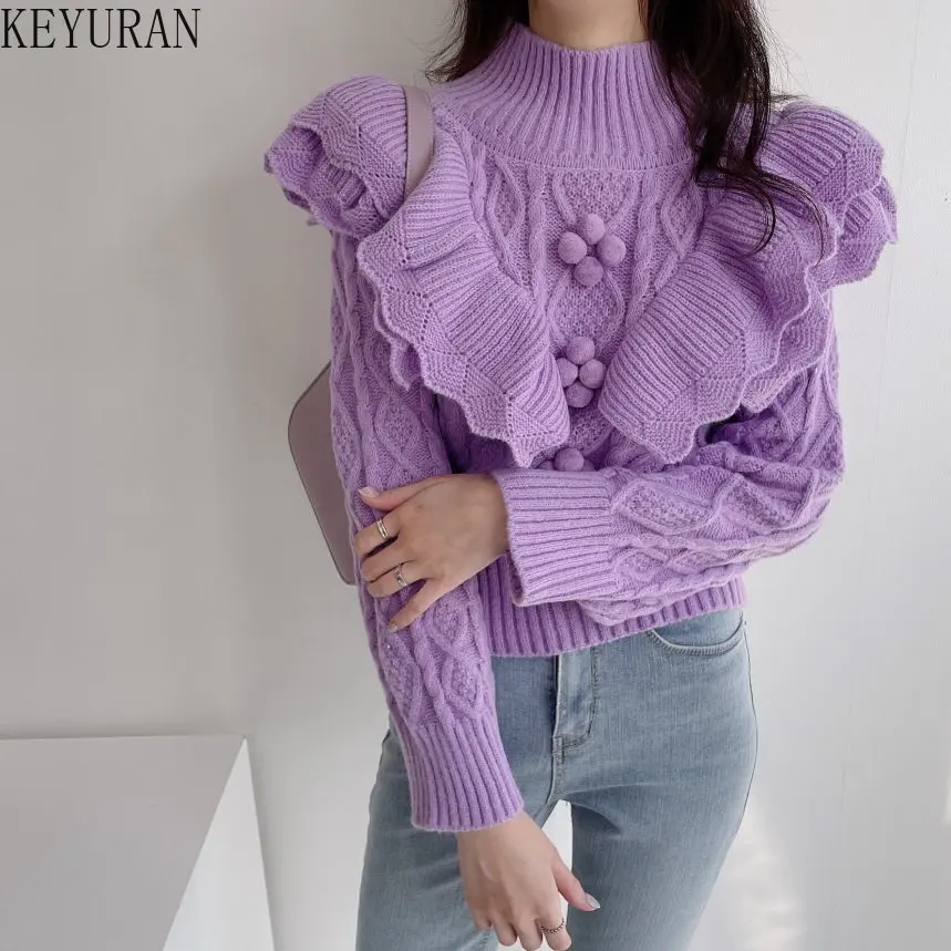 Chic Ruffles Floral Knitted Sweater Women Korean Fashion Vintage Lantern Sleeve Knitwear Pullovers Turtleneck Sweaters Jumpers