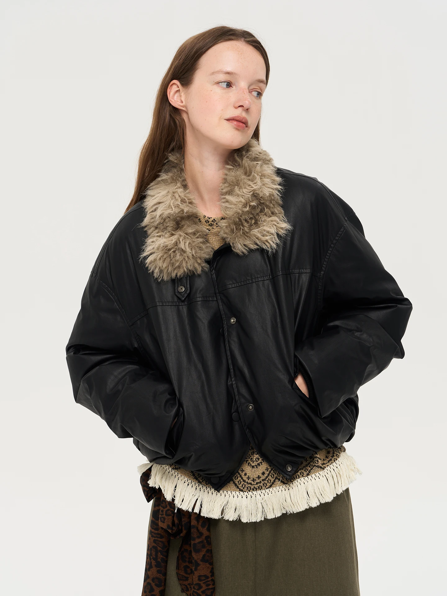 Warm Fur Collar Eco-friendly Leather Jaet Vintage ort Coat for Youth Daily Wear Thiened Long Sve Chinese Production