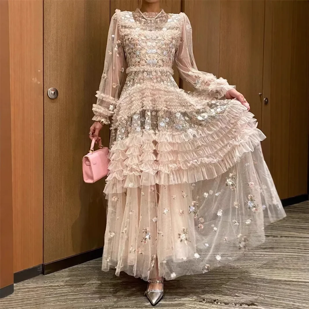 الربيع الصيف حالمة الجنية زهرة التطريز تول فستان طويل ماكسي تنورة نمط الأزهار طباعة ثوب مسائي الملابس النسائية #1