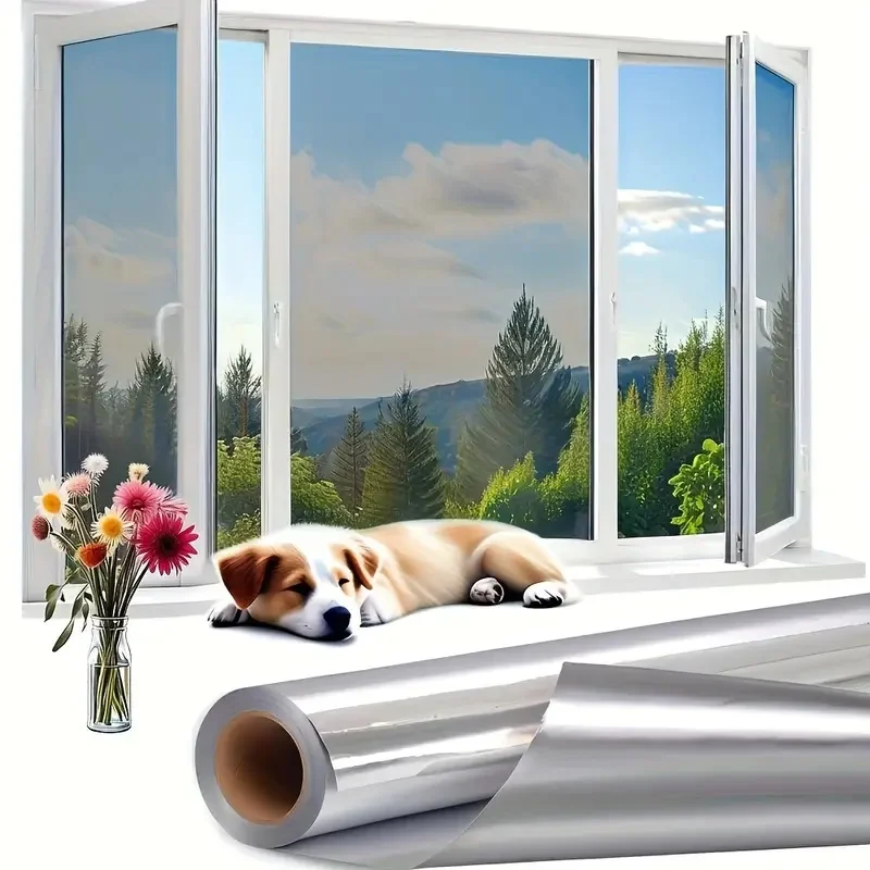 Silver Reflective Static Window Tint One Way Privacy Film, Anti Peeping Heat Control Sun Protection Sticker for House & Office