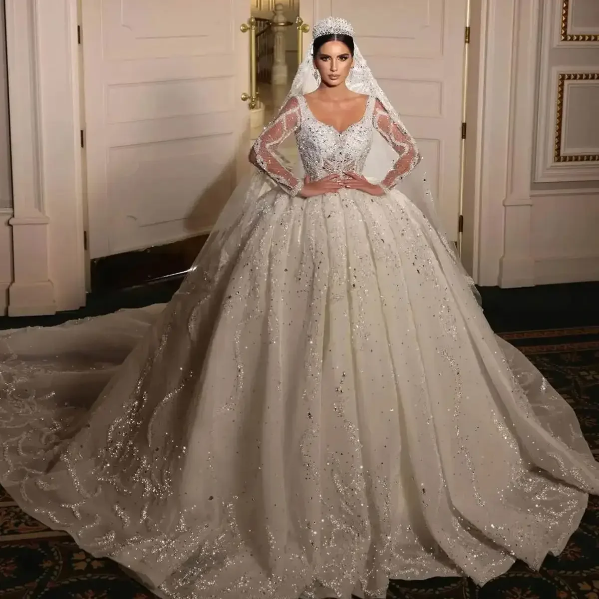 

Luxurious Shiny White A-Line Lace Bead Women's Fluffy Wedding Dress 2026 Sexy V-Neck Long Sleeved Dance Bridal Gown Customized