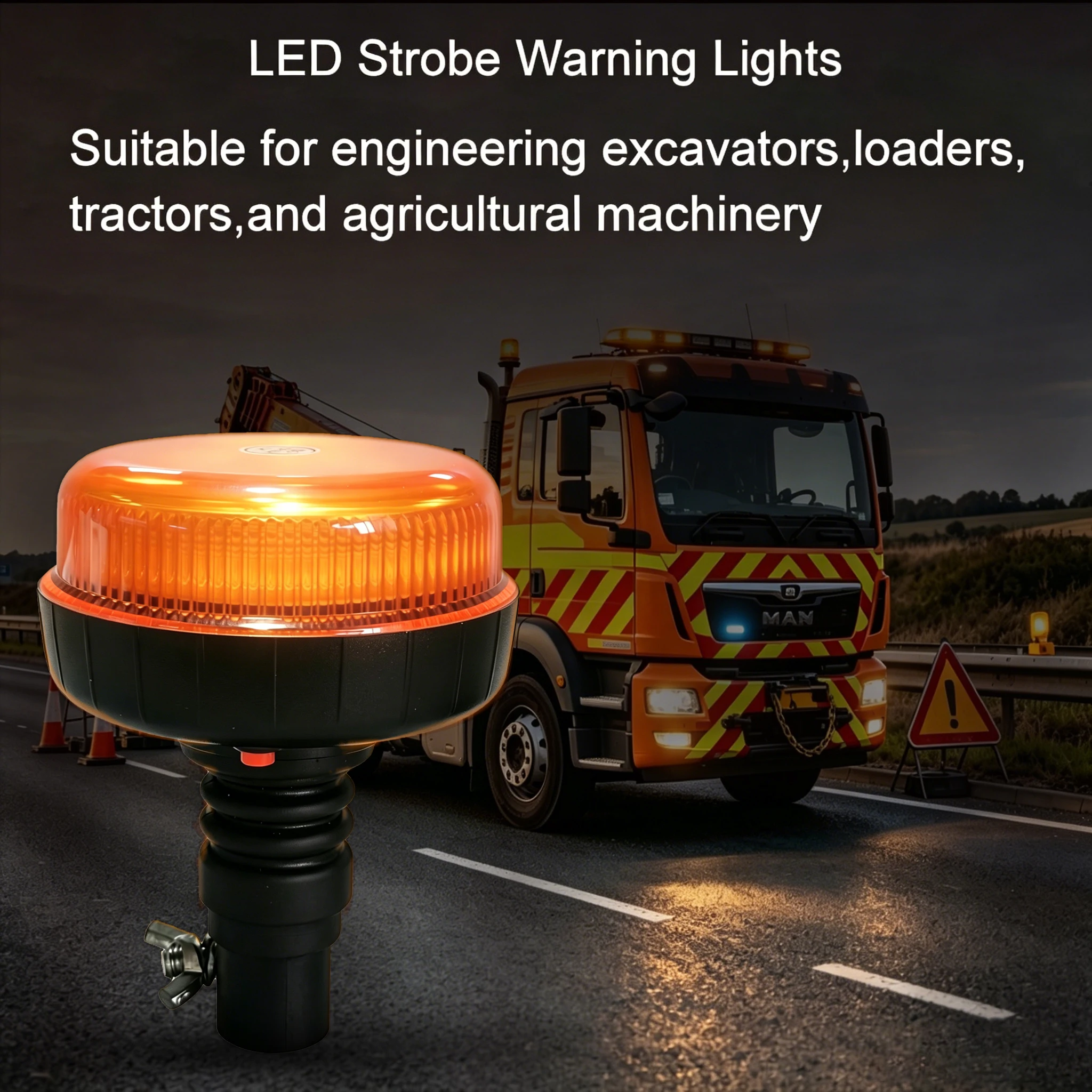 12V/24V Amber LED Strobe Beacon Warning Light Pipe Mount Flashing Safety Lamp for Trucks Construction Vehicles
