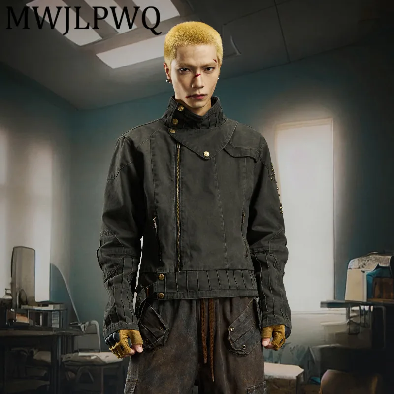 

MWJLPWQ Мужская функциональная винтажная короткая джинсовая куртка с вышивкой и заклепками High Street, повседневные топы с тяжелым потертостем, осень 12215