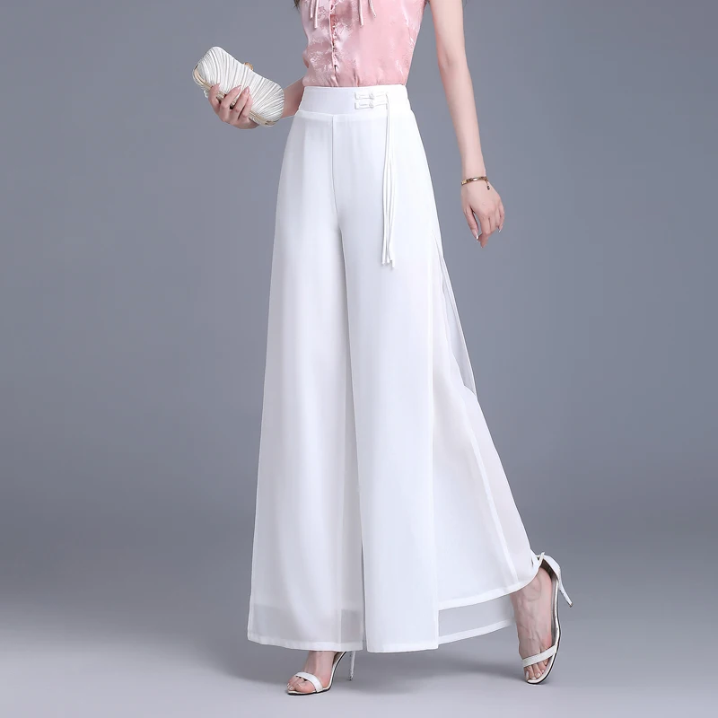 Summer 2025 Women's High Waist Chiffon Wide Leg Pants Draped Double Layer Split Dance Ethnic Sle Casual Pants