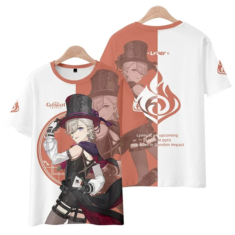 Kaus lengan pendek Pria Wanita t-shirt motif 3D dampak Genshin Tshirt lucu lengan pendek leher-o musim panas kostum Cosplay Lynette Lyney