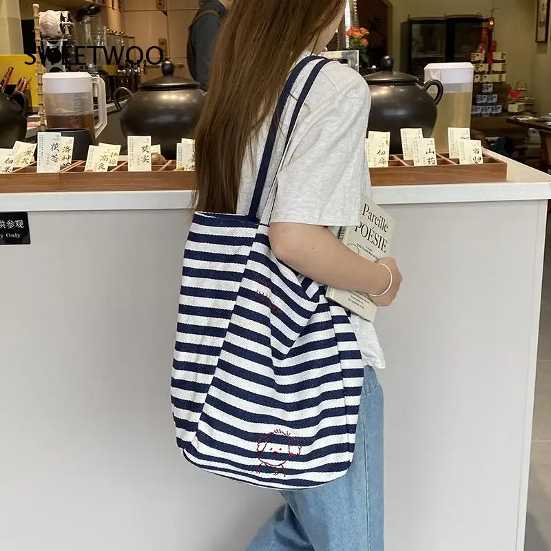 2026 Stripe Puppy Embroidery Double Sided Canvas Tote Bag Yellow Navy Beige Three Neutral Tone Casual Travel Student Shoulder Pu