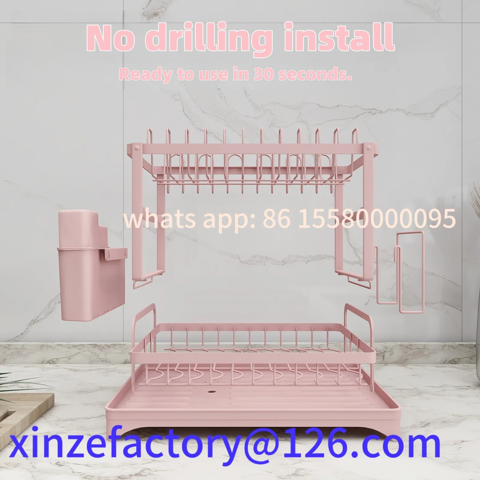 رف أطباق وردي قابل للتخصيص، رف تجفيف الأطباق من طبقتين، مع حامل للأواني ولوح القطع، مناسب لعائلة 1-4 أشخاص #2