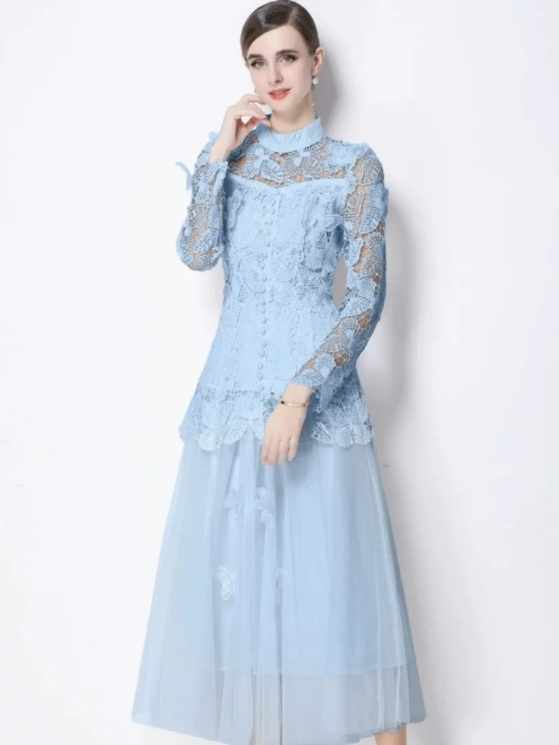 

Elegant Hook Flower Hollow Lace 2 Piece Sets Women Outfits Spring Clothing Women Long Sleeve Top Mesh Skirt Sets Lady Dress Sets