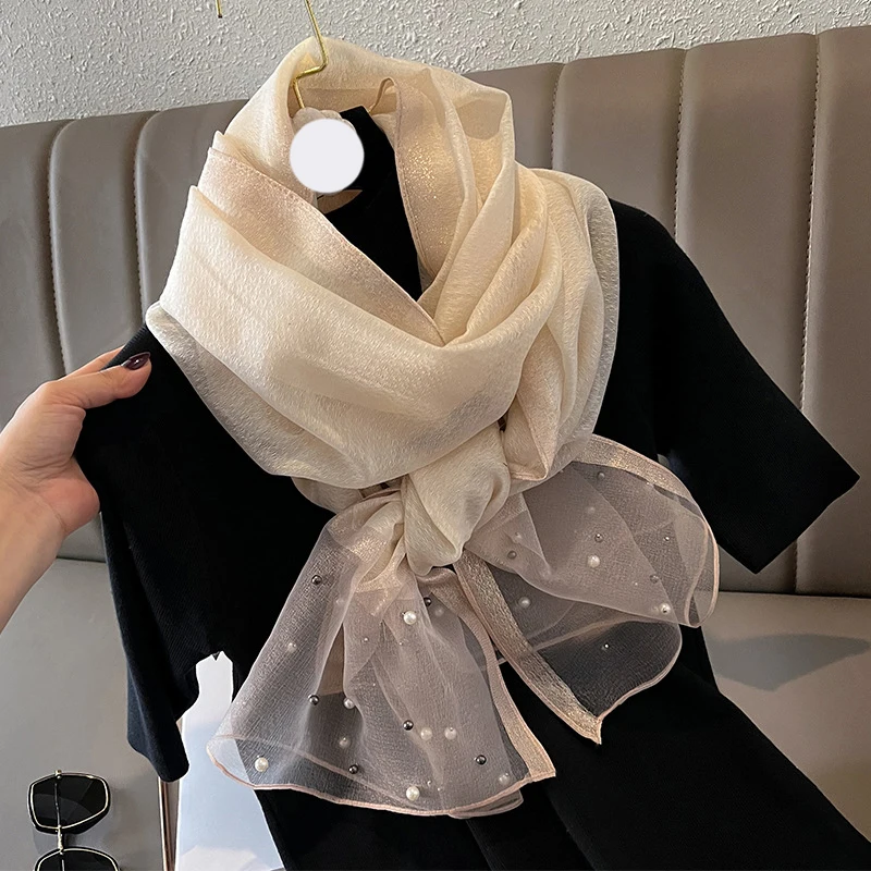 Design Long Scarf Women Golden Bead Sequin Silk Wool Feeling Lady Shawl Wrap Hijab Foulard Female Bandana Stole Headband