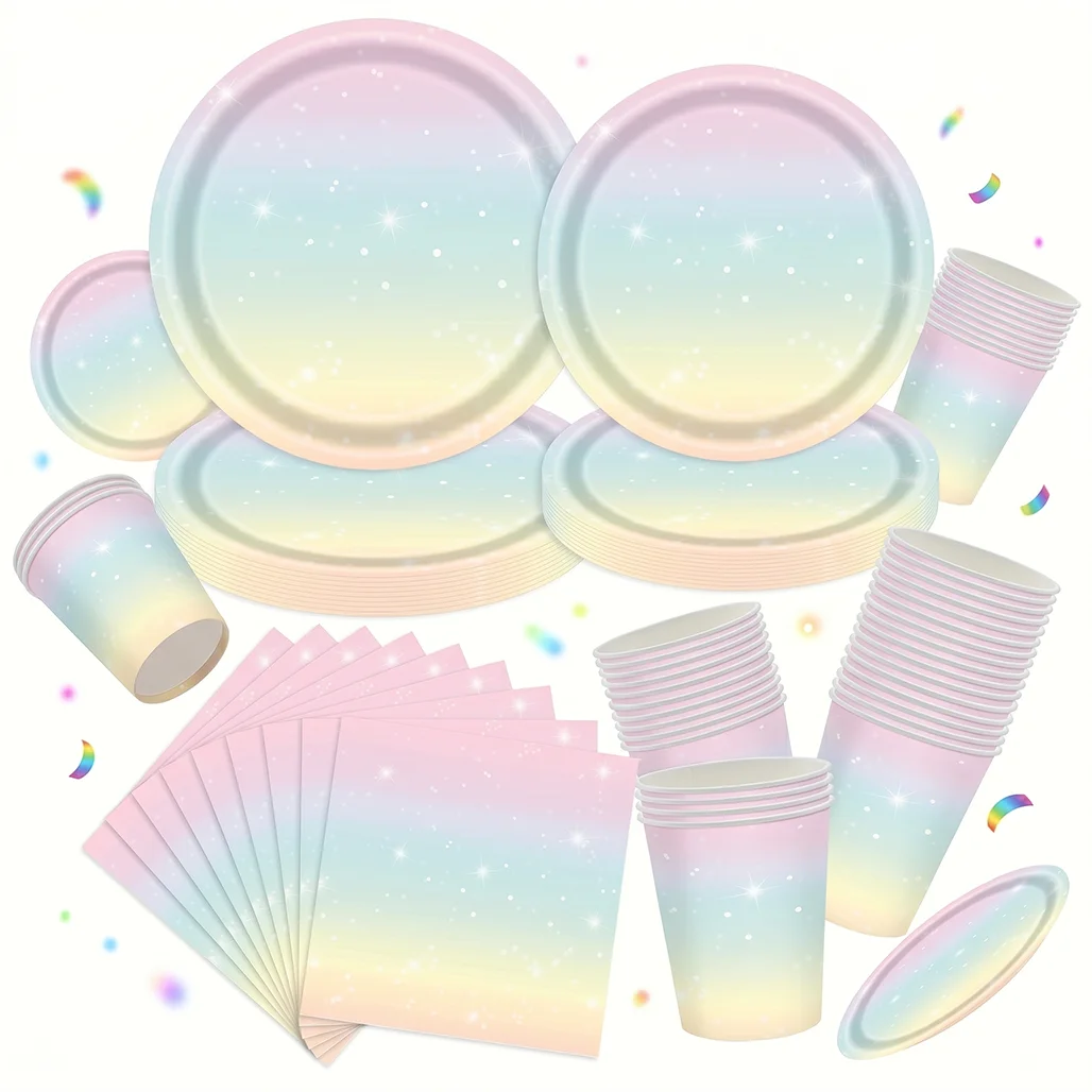 

Pastel Rainbow Party Supplies Disposable Tableware Set Starry Gradient Paper Plates Cups Napkins for Kids Birthday Baby Shower