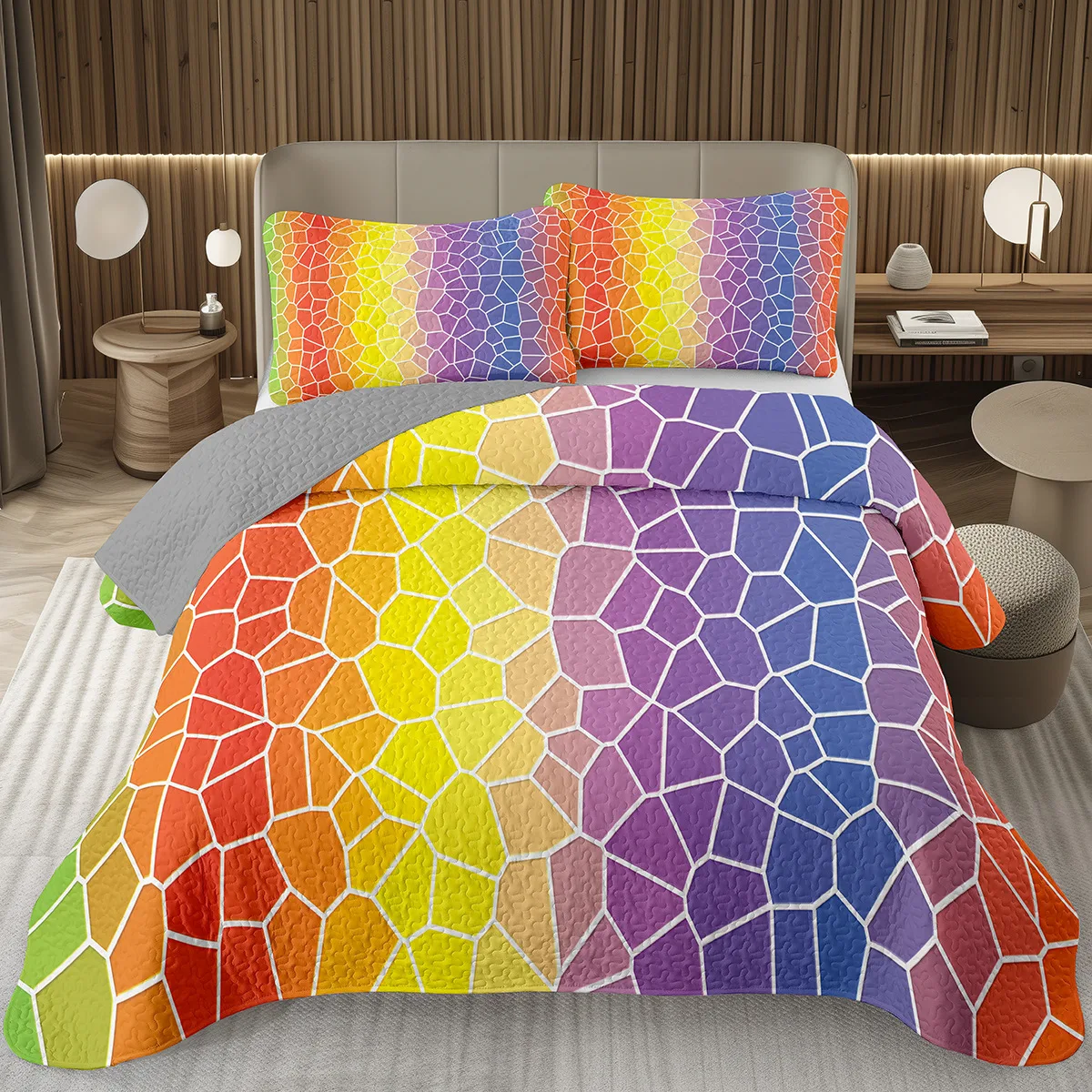 

Geometric Quilt Set Twin Full Queen King Stained Glass Artwork Bedspread Set,Colorful Aesthetics Coverlet Set for Kids Adults
