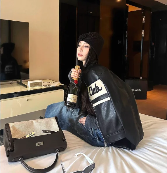 Sweet Cool Girl's Black PU Leather Jacket Fancy New Autumn Loose Fit Stand Collar Celebrity-Inspired Biker Jacket Fur Coat