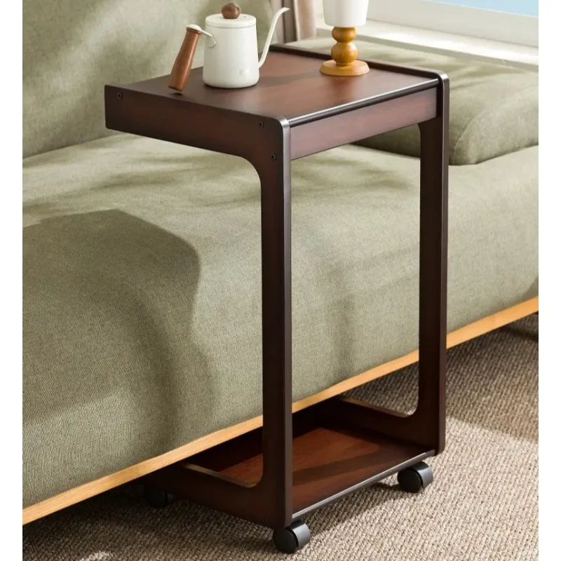 Modern minimalist sofa side table, living room mobile coffee table with drawers, coffee table handcart, mobile bedside table