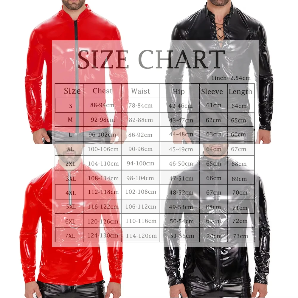 

S-7XL Wet Look PVC Long Sleeve T Shirts Mens Nightclub Party Shiny Zipper Jacket Shirts Male Clubwear PU Leather Latex Tops Tees