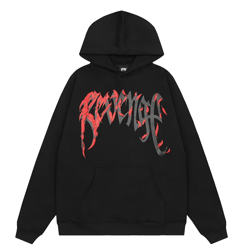 Street Trend REVENGE Hoodies Pigeon Red Feather Pattern Couple Loose All-match Fleece Warmth Black Revenge Sweatshirts Pullovers