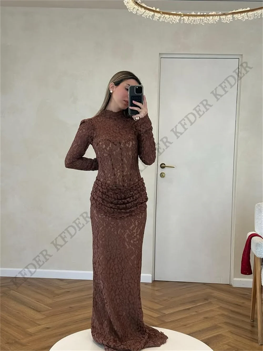 Brown Sheath Long Prom Dress Lace Full Sleeves Women's Evening Gowns Floor Length High Neck Israel Robes De Soirée Customized