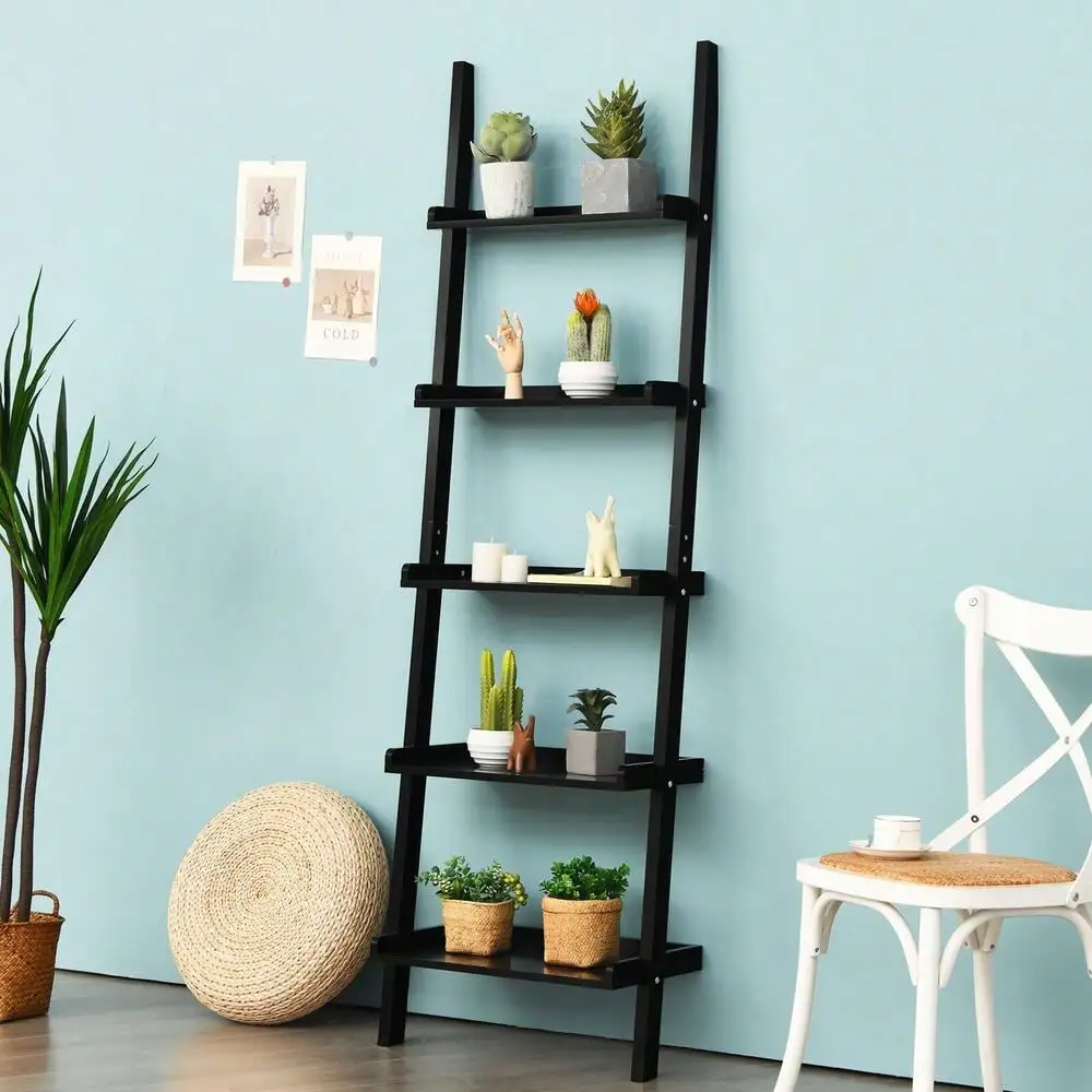 Ladder Shelf 5-Tier Plant Stand Wall-leaning Bookcase Display Rack Black