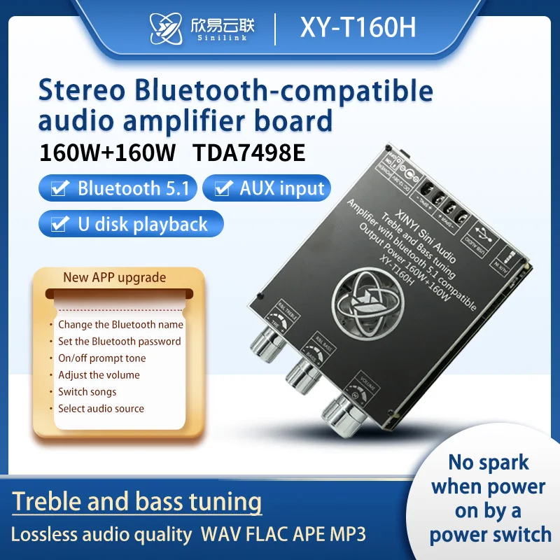 XY-T160H/160W*2 high-bass adjustment Bluetooth audio amplifier board module two-channel stereo TDA7498E super 3116