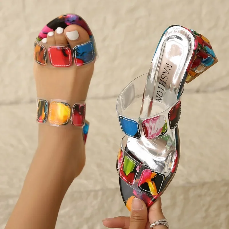 

2025 Summer New Mixed Colors Women's Slippers Outdoor Rhinestones Chunky Heels Sandals Elegant Plus Size Daily Dress Slippers