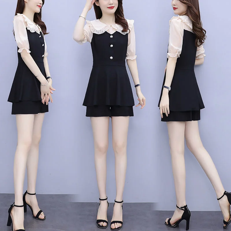 2022 Summer New Plus Size Clothing Women\'s Dress Fashion Casual Doll Collar Top Shorts Two Piece Set Professional Suit For Women