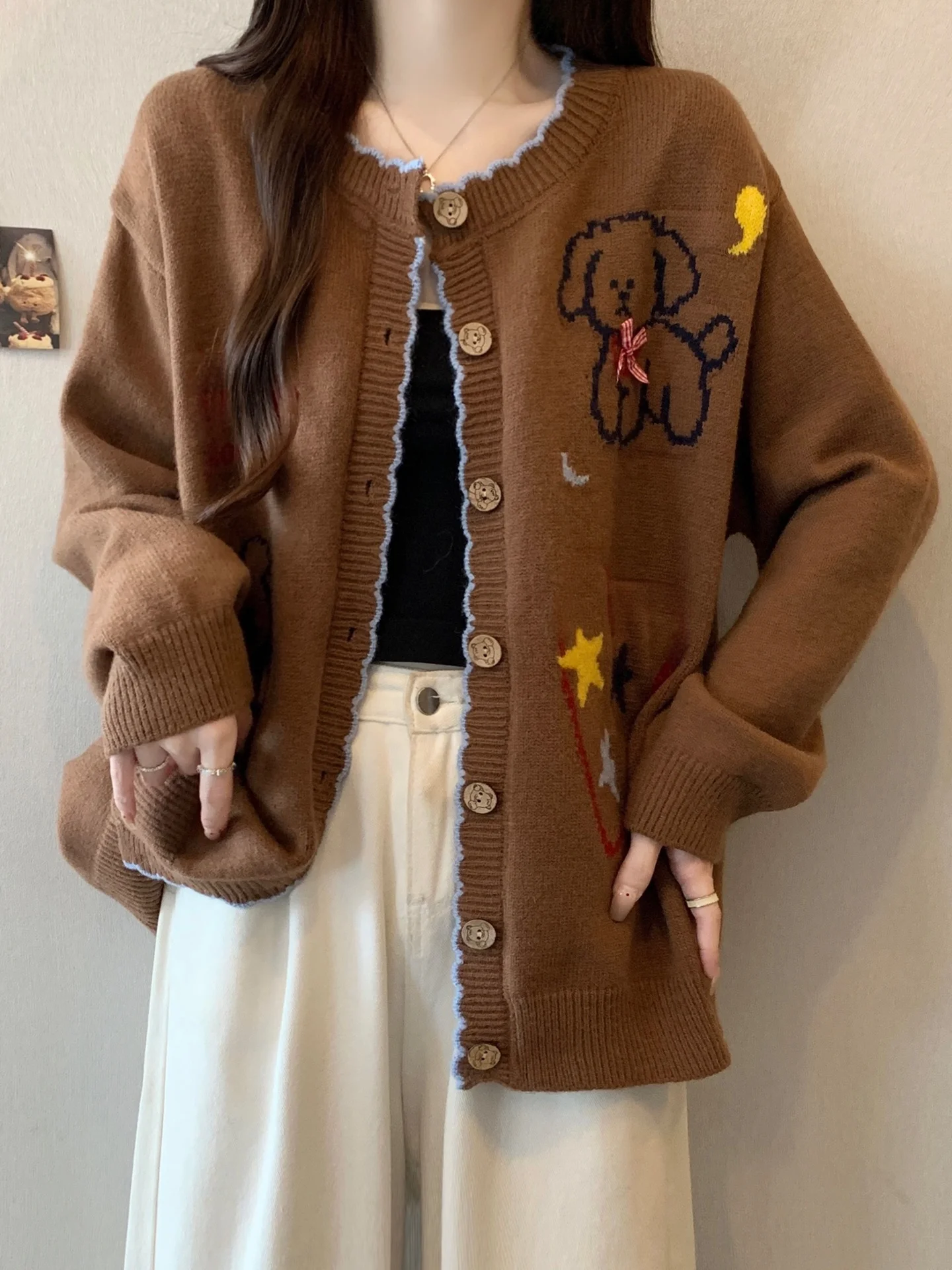 

Cute Anti-Aging Dog Pattern Knitted Sweater Jaet Women's plus Size Loose Mid-Length Open Cardigan Autumn Winter Faion