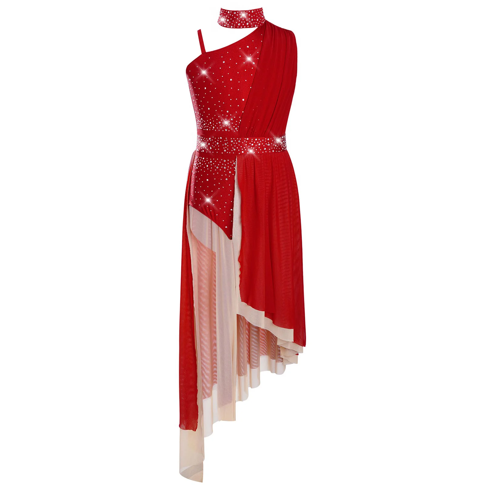 Costume da ballo lirico per bambina, body senza maniche, ritaglio sul retro, costume da spettacolo asimmetrico in rete trasparente