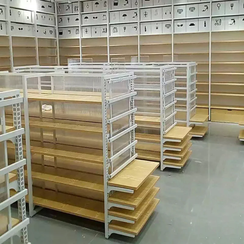 custom.XINDE Luxury Retail Display Shelving Unit Wood Grain Back Panel Shop Display Fixture With Sign Board
