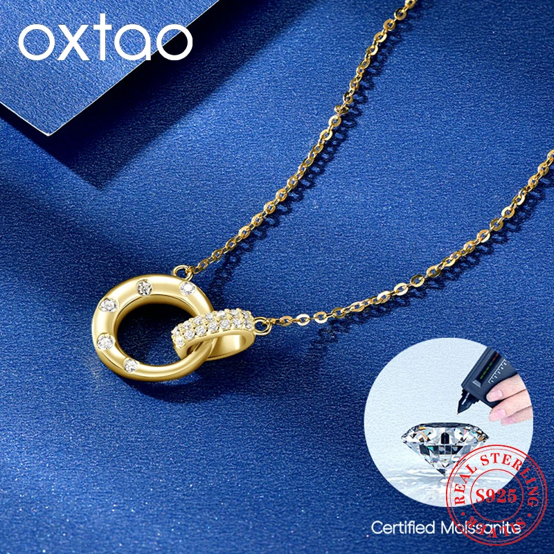 

Серебряное ожерелье OXTAO 925 пробы с двойным кругом и подвеской из муассанита, сертифицированное, цвет D, VVS1, для женщин, цепочка на ключицу, изысканные ювелирные изделия