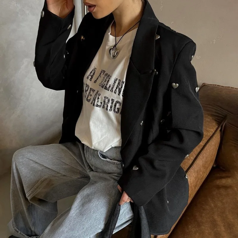 

Solid Blazers Women Korean Style Spring Autumn Notched Collar Single Button 3D Love Rivet Drcoration Fashion Casual Daily Chic