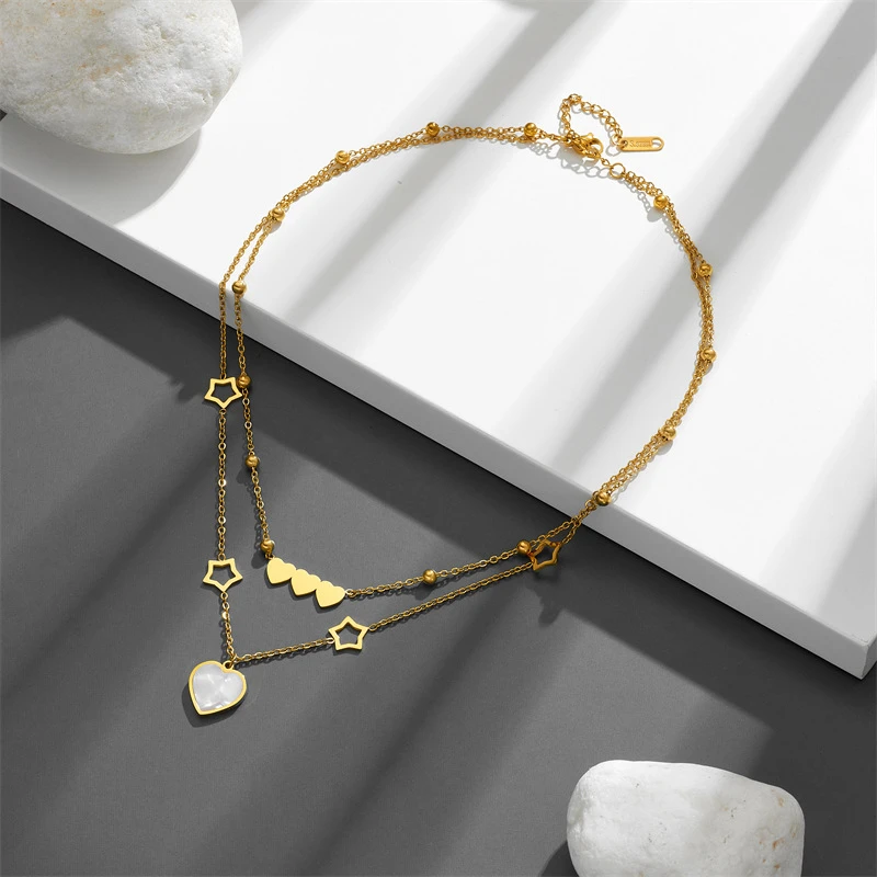 316L Stainless Steel New Fashion Fine Jewelry Set Natural Seashells Love Heart Charm Chain Necklaces Bracelet Earrings For Women
