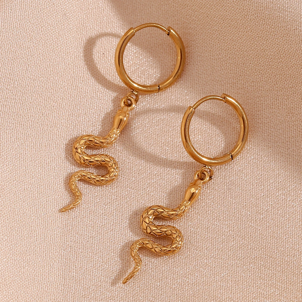 E.B.belle Zircon Snake Pendant Hoop Earrings Water Resistant 316L Stainless Steel Women's Earrings Daily Waterproof Decoration