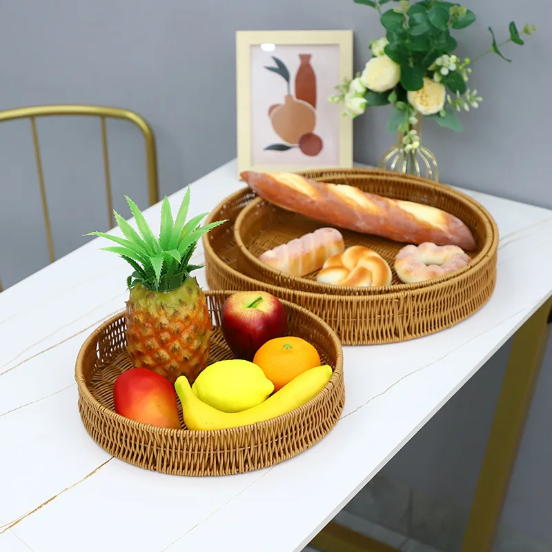 

Hand woven vintage imitation rattan plastic circular fruit basket, snack bread storage basket, household storage basket