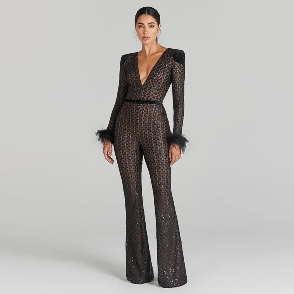 

KLEEZY New Women's Sexy V-Neck Long Sleeve Feather Black Sequins Tight Elegant Party Jumpsuit