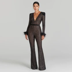 KLEEZY New Women's Sexy V-Neck Long Sleeve Feather Black Sequins Tight Elegant Party Jumpsuit