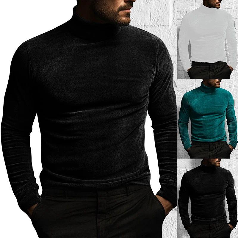 New Long Sleeved Solid Color Tight Fitting T-Shirt, European and American Autumn and Winter Men\'s High Neck Velvet Base Sweater