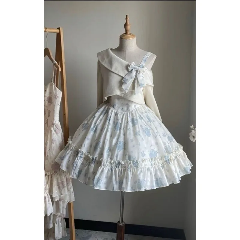 2025 New Japanese Lolita Floral Print Off-Shoulder Strap Dress Sweet Summer Autumn Long Sleeve Lantern Sleeve Tops Two-piece Set image 2