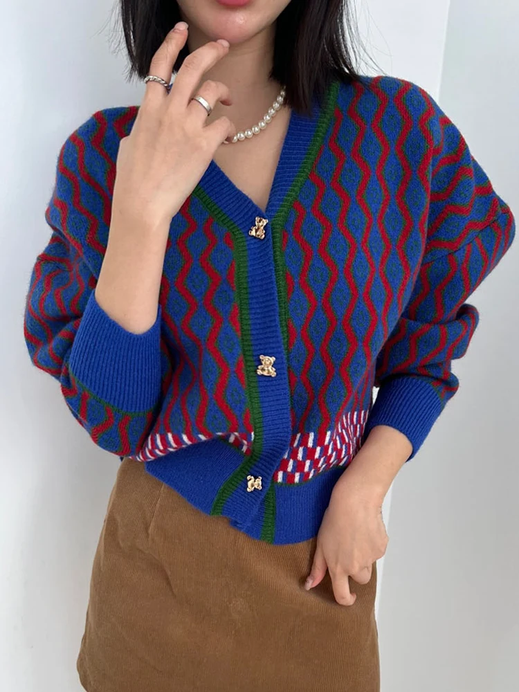 سترة نسائية قصيرة بتصميم مخطط عتيق وياقة على شكل V، موضة خريف وشتاء فريدة، كارديجان صغير الحجم