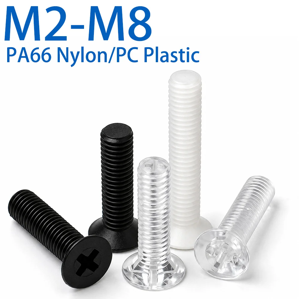Nylon PA66 Phillips Flat Countersunk Head Screws Black White PC Transparent Insulated Plastic Bolt M2 M2.5 M3 M4 M5 M6 M8