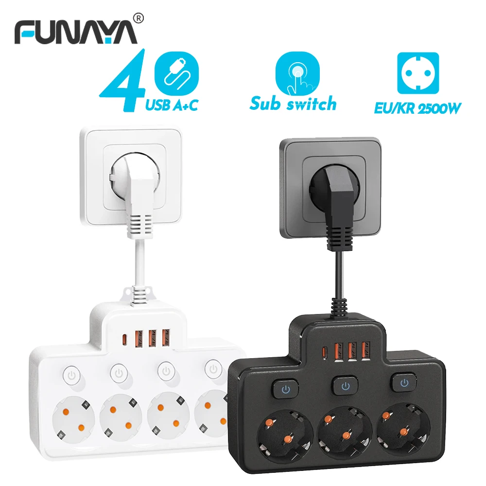 

FUNAYA EU Plug AC Power Strip Wall Independent Switch 2500W European KR Plug Outlet with USB Type-C Port Charging Network Filter