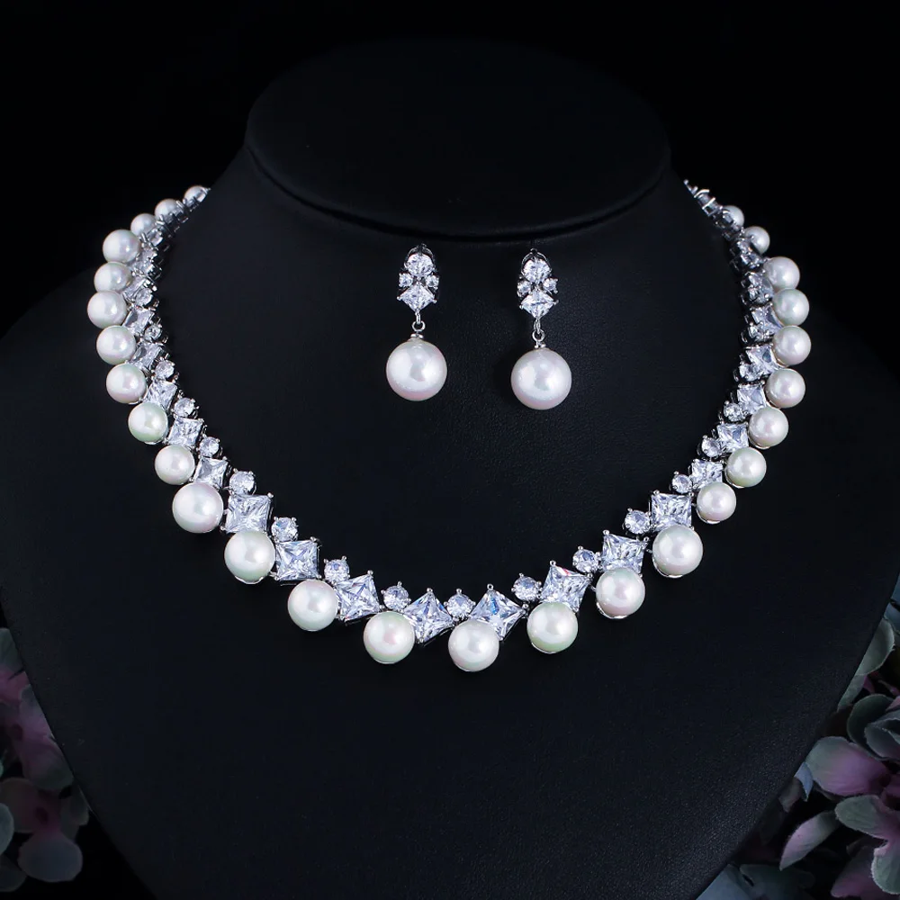 CWWZircons Imitation Pearl & Square Zirconia Jewelry Set Necklace Earrings Bridal Wedding Choker Jewelry Gift For Women T0532