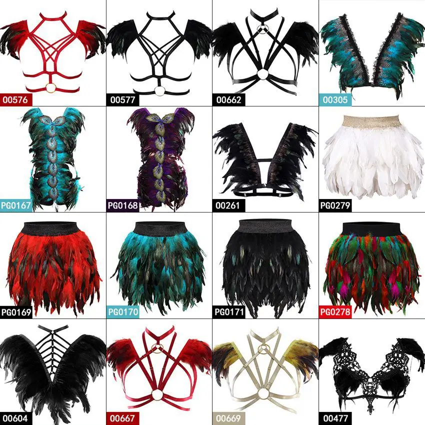 

Women Feather Crop Top Cage Open Chest Bra Bondage Elastic Adjustable Harness Garter Belt Skirt Dance Performance Clothes Short