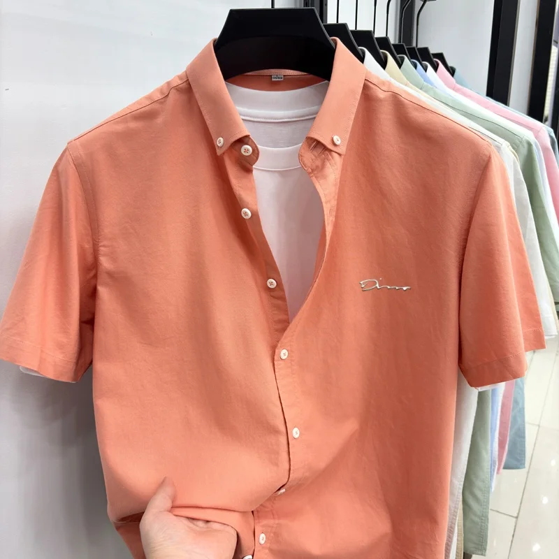 High quality 100% cotton short sleeve shirt fashion brand simple letter embossed men's summer best-selling business casual top