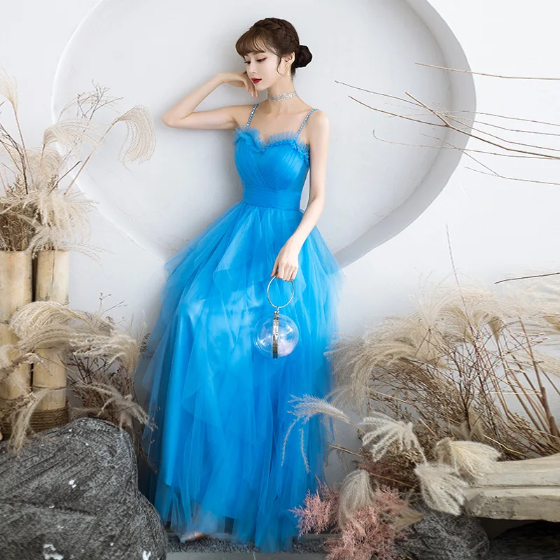 Elegante azul a linha vestidos de baile sexy cinta espaguete doce vestidos de festa de casamento longo vestido de festa para vestido de noite formal