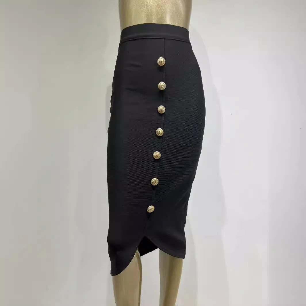 2025 New Bandage Metal Button Front Split Elegant Knee And Hip Wrap Pencil Skirt