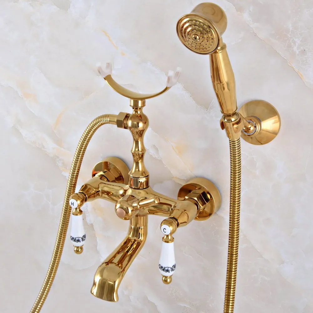 

Contemporary Golden Brass Wall Mounted Bathroom Bathtub Faucet Set with 150CM Hose Handheld Shower Spray Head Mixer Tap Dna909