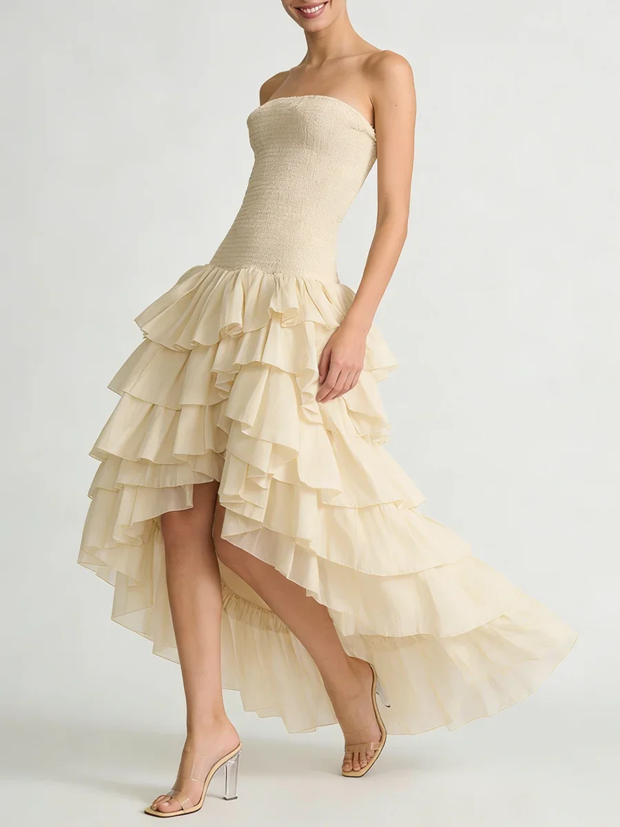 Customized Fashion Strapless Backless Sleeveless High Low Prom Gowns Tiered Ruched Floor Length New Formal Party Evening Dresses