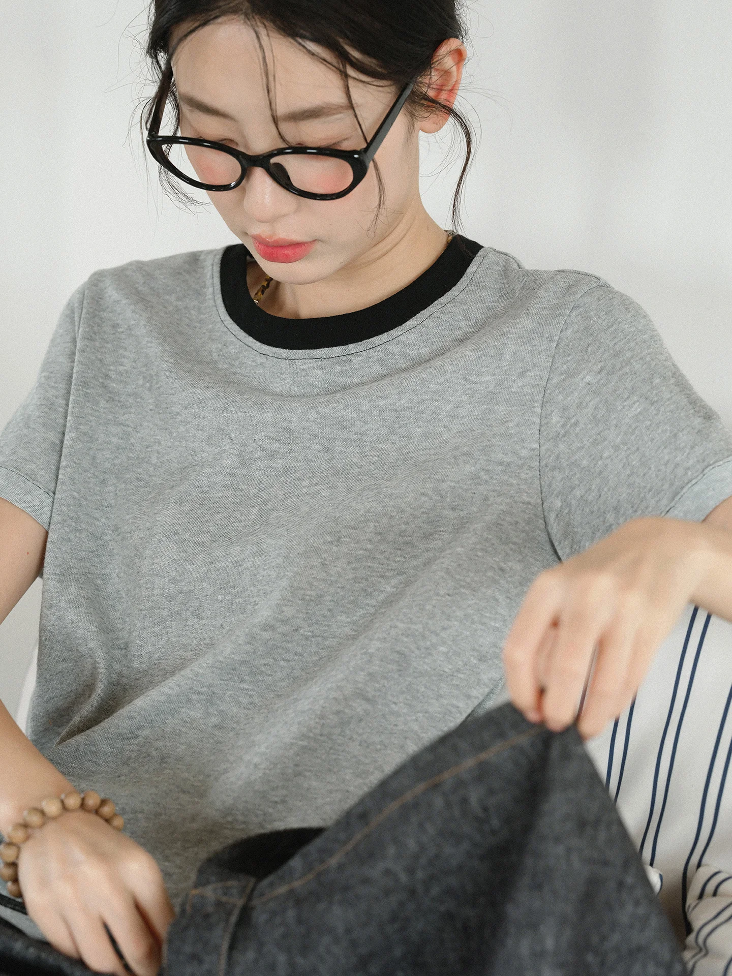 Casual Knitted Short Sleeve T-Shirt Color Block Snowflake Cotton Summer New Arrival Women's Loose Fit round Neck Top