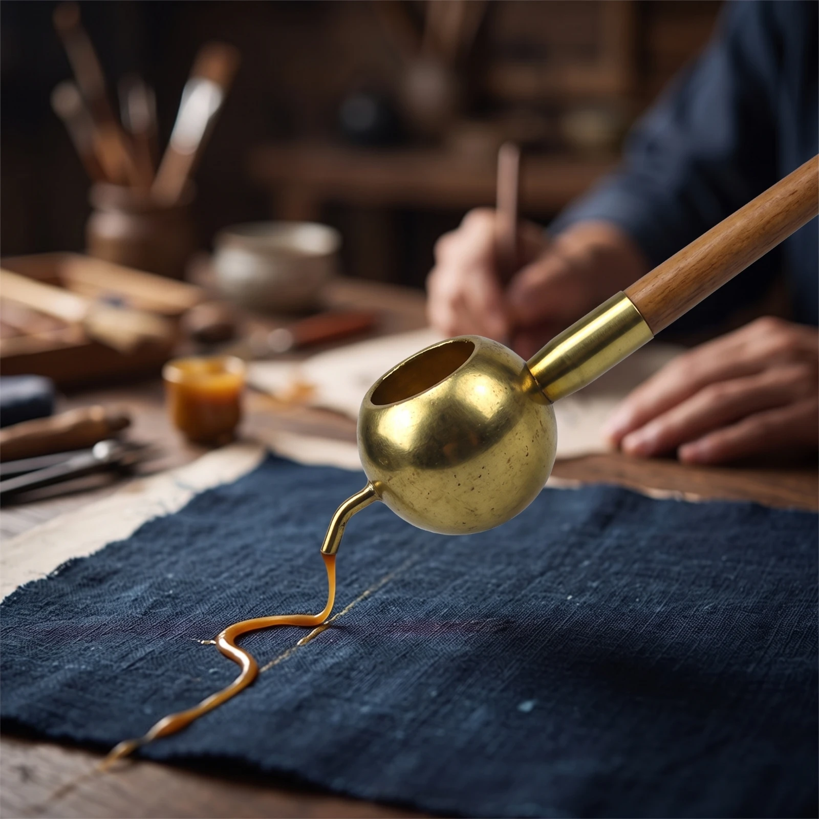Beeswax-Dye Copper Pot Pen Long-Handled Batik Pen with Wooden Handle for Artists, Textile Decoration, Studio