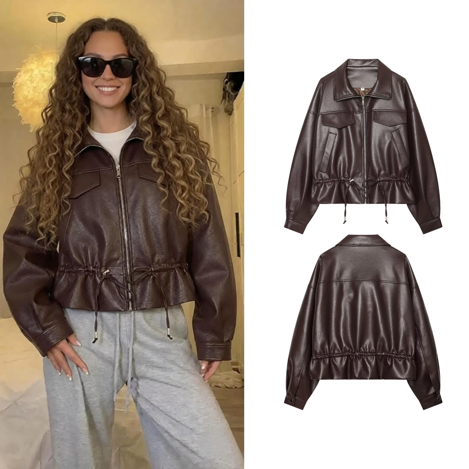 Women's Coffee Faux Leather Jakcets Autumn Winter Female Chic Waist With Drawstring Coats Spring Lady Long Sleeve Zipper Outwear