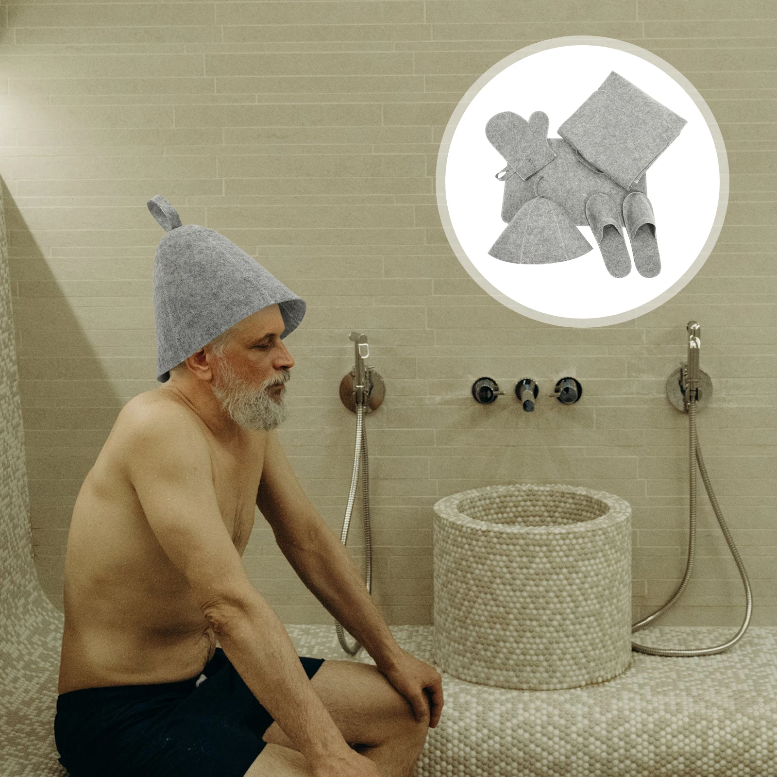 

1 set 1 Set Sauna Hat Glove Set Felt Bathing Cap Thickened Water Absorbing Lightweight Reusable Household Bath Caps For Shower